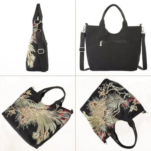 Women's Sequin Embroidery Bird Small Canvas Stylish Casual Shoulder Bags - Picture 6 of 6